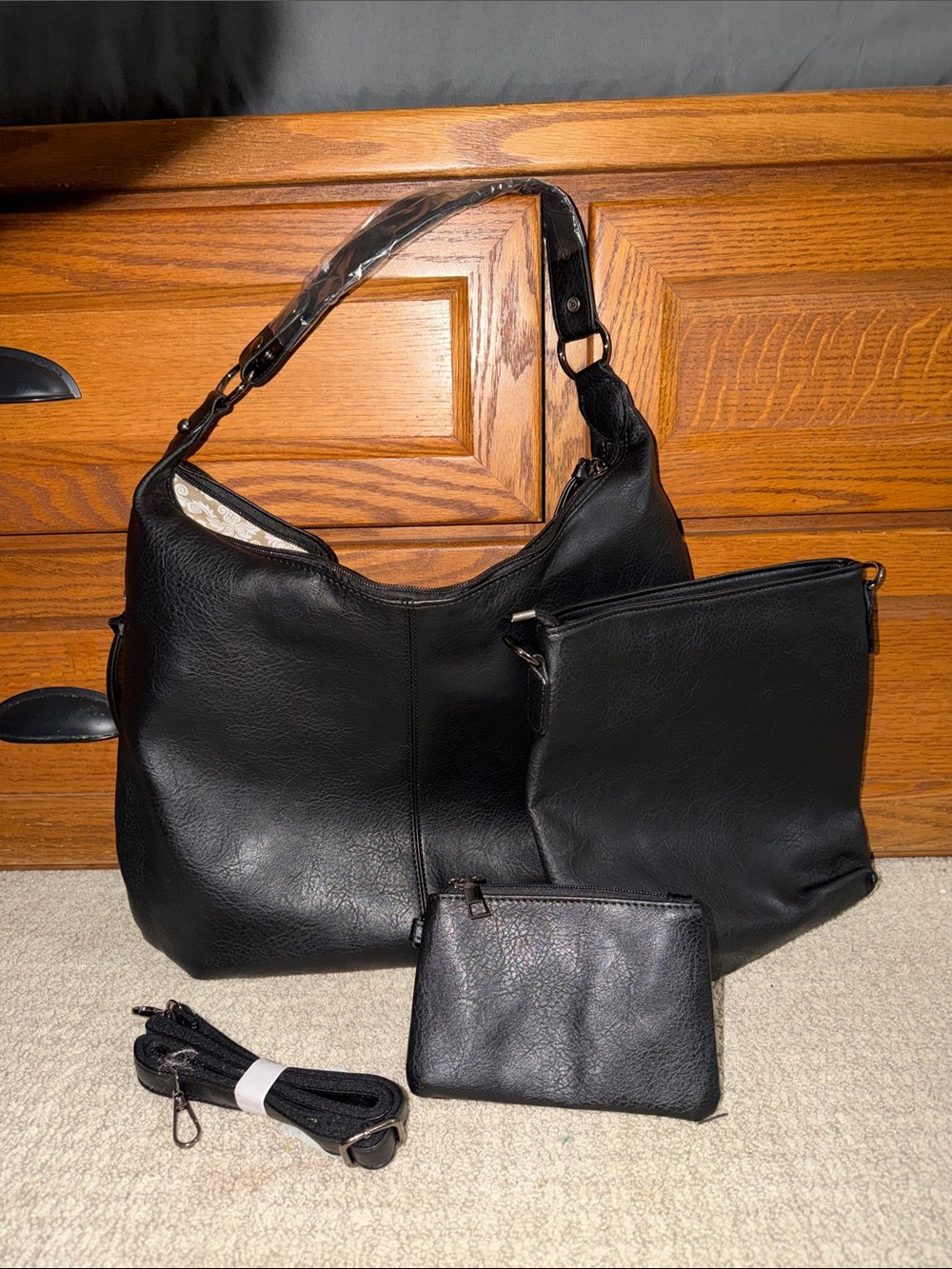 Classic Black Women's Shoulder Bag Set - Versatile Daily Tote with Pouch